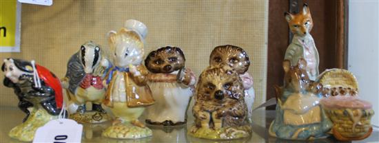 8 Beswick Beatrix Potter figures, Tommy Brock, Foxy Whiskered, etc, brown back stamps & Royal Albert Mother Ladybird (9)